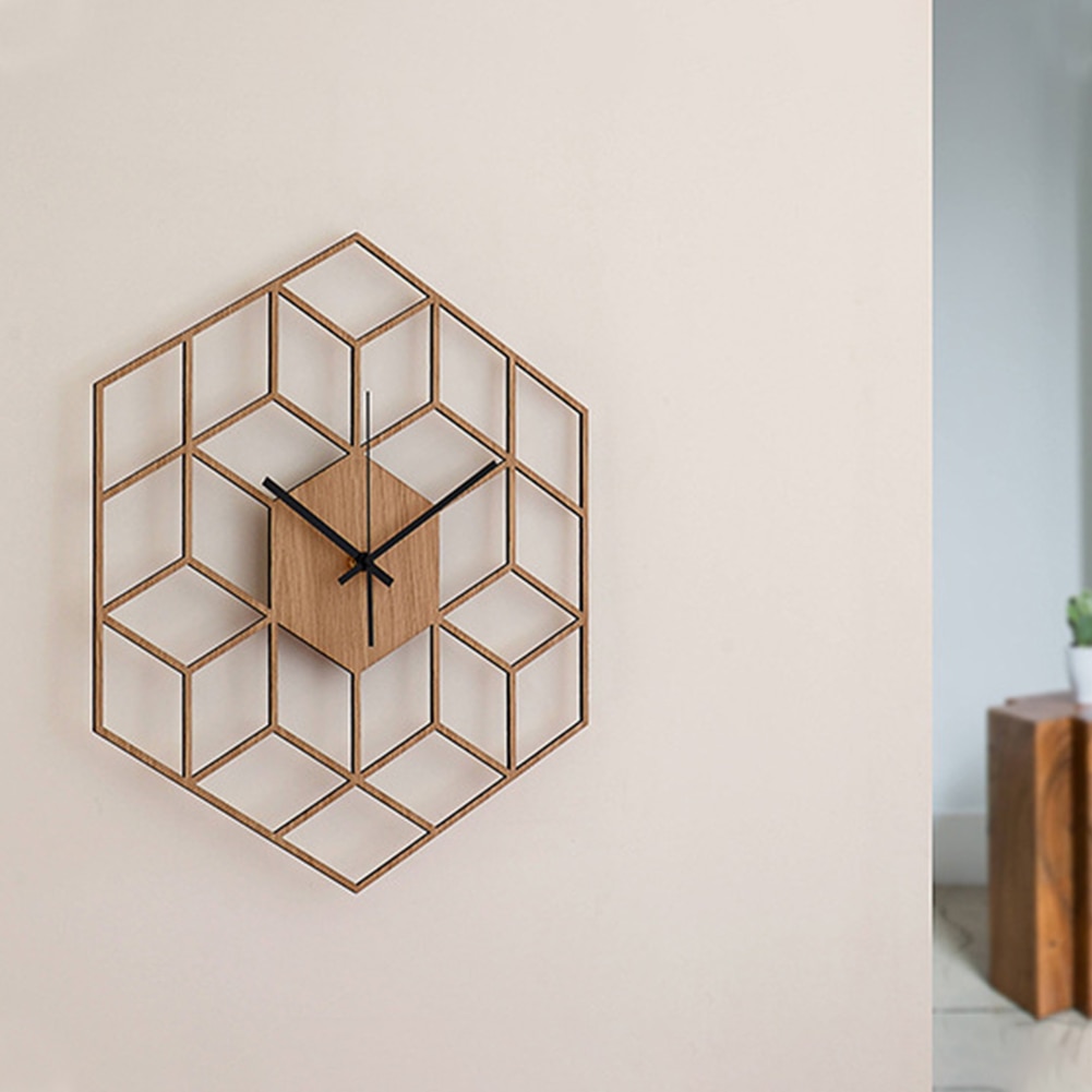 Reloj de pared de cuarzo Hexagonal de madera de bambú para decoración del hogar, reloj de pared de cuarzo, grande, silencioso, geométrico