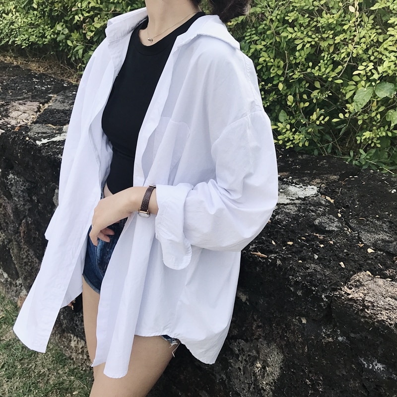 Camisas blancas para mujer boose, ropa de de talla coreana, tops y blusas para mujer, Top Casual de manga larga para mujer, camisa clásica