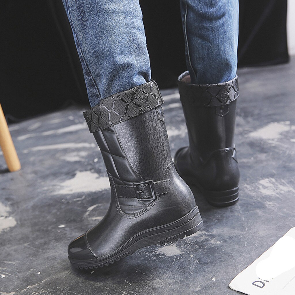 YOUYEDIAN negro fleece sólido ocio hombres de tacón bajo mantener zapatos de punta redonda impermeable medio tubo bota de lluvia # g35