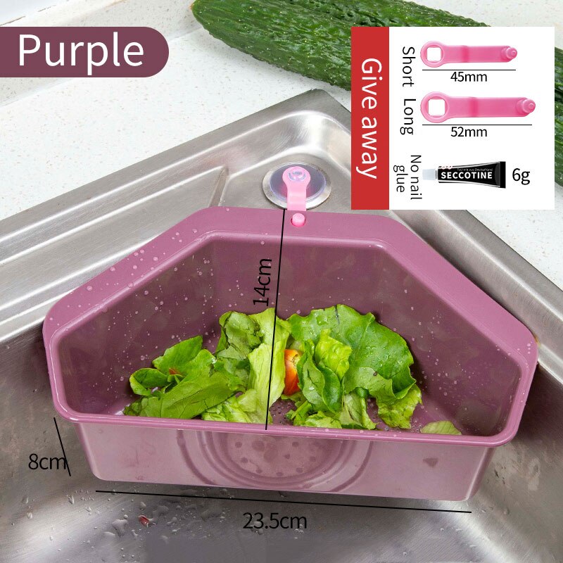 Køkken trekantet vask sil filter dræn vegetabilsk fruite dræning kurv sugekop svampeholder opbevaringsstativ vask filterhylde: Lilla