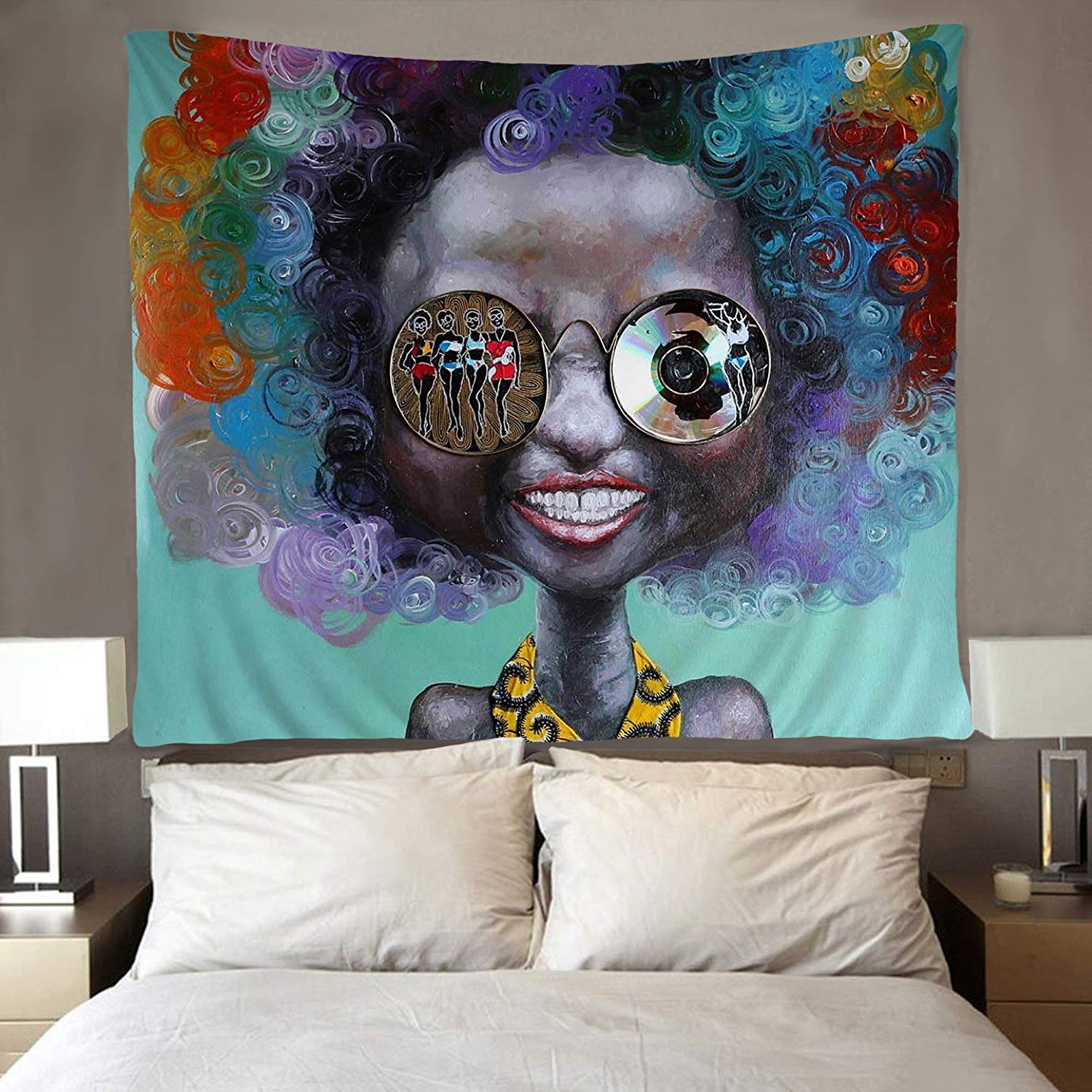 Afro sort pige afroamerikansk glad smil gobeliner hippie kunst