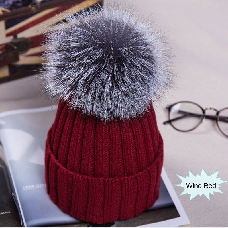 Damer kvinder afslappet varm vinter beanie stor imiteret pels pom pom bobble hat strikket ski cap: Rødvin