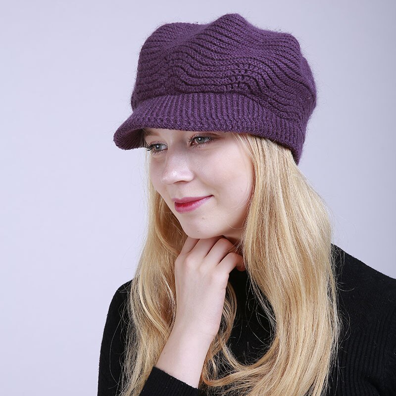 Dame plys indvendig flad skygge strikket hue efterår vinter ensfarvet blød visir hue ski cap hun strikket hue hue: Mørke lilla