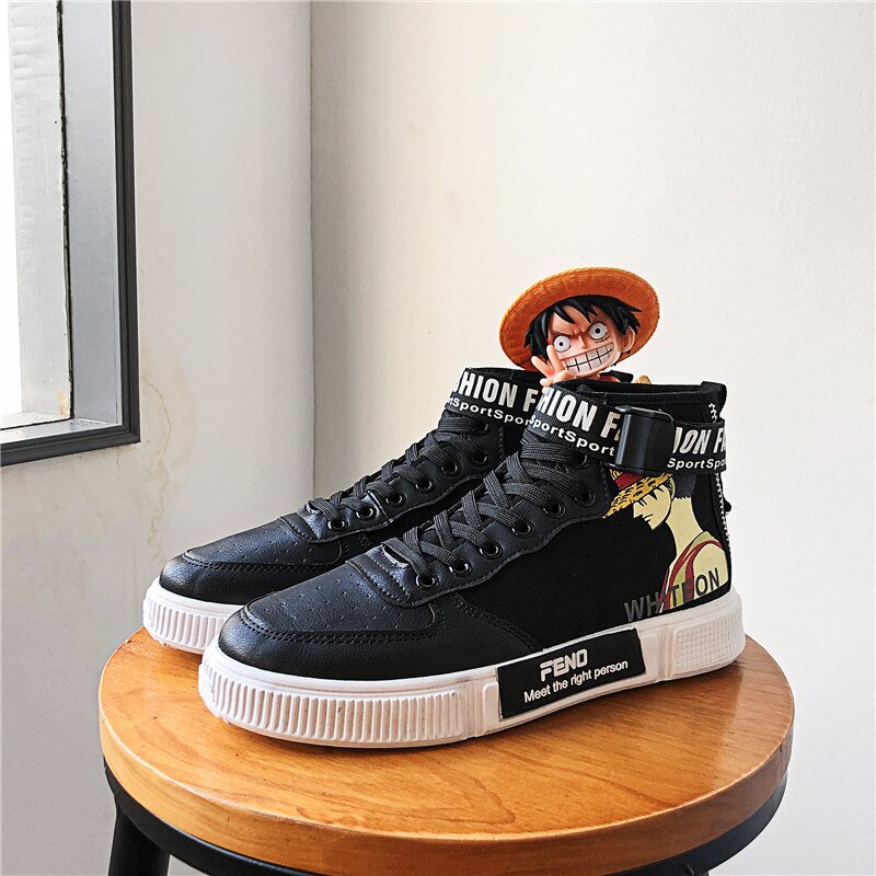 PARZIVAL Men's ONE PIECE Shoes Sneakers Anime PU Leather Classic High Top Men Vulcanized Shoes Cosplay Casual Men's Boots Male: Black / 43