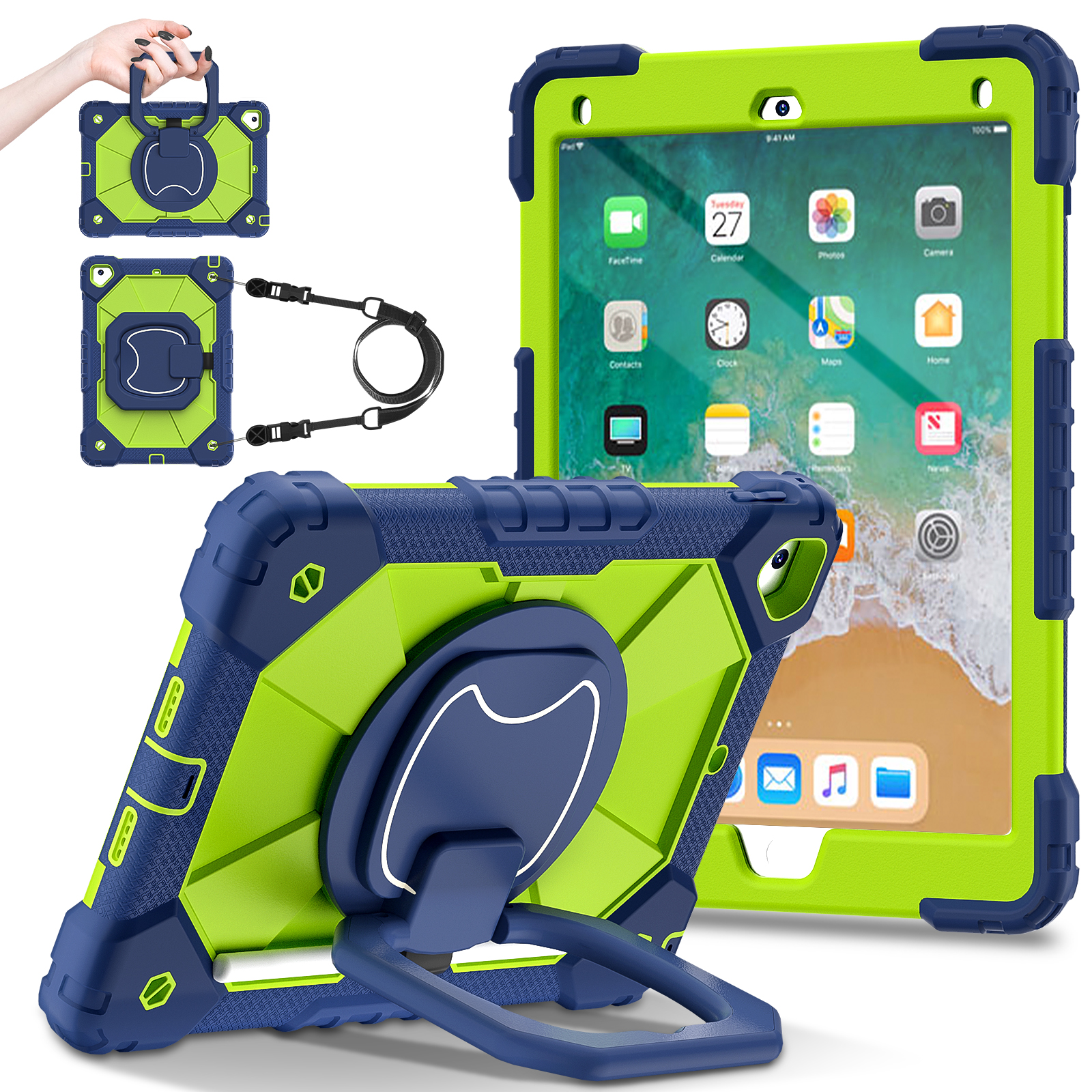 Roterande kraftigt fodral för ipad 5 6 7 air 1 2 pro 9.7 5th 6th gen stativskydd med handtag och axelrem
