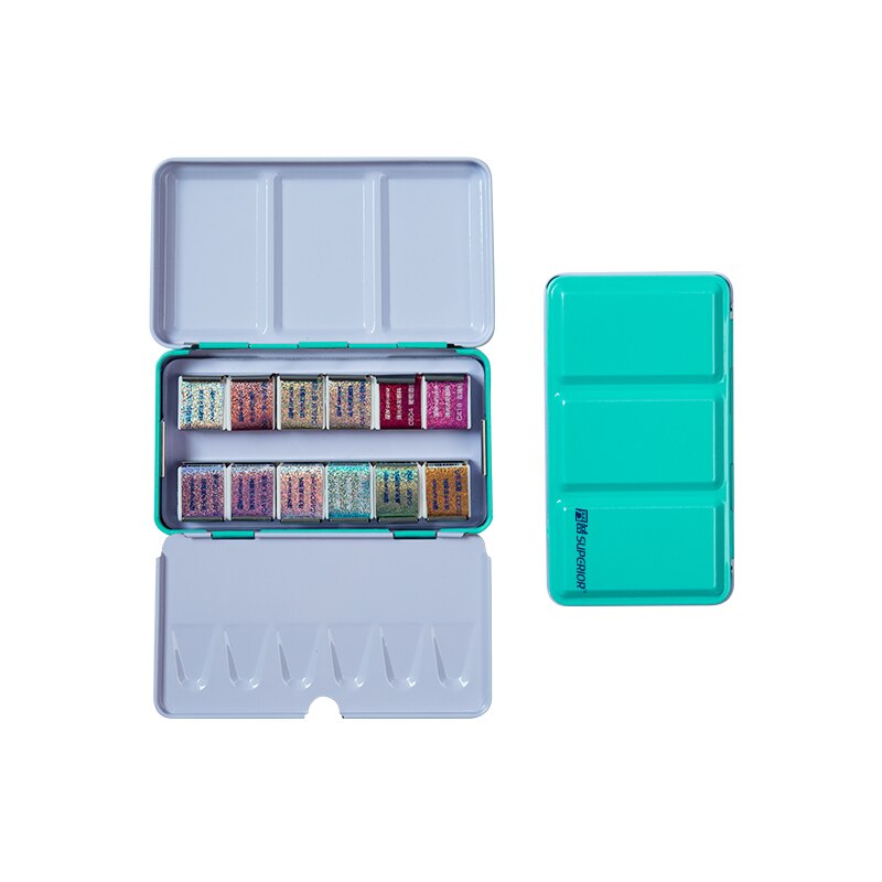 Superieure 12/24/48 Kleuren Glitter Aquarel Verf Effen Kleuren Kunstenaar Aquarel Schildert Roze Draagbare Metal Case Met Palet: 12 colors green box