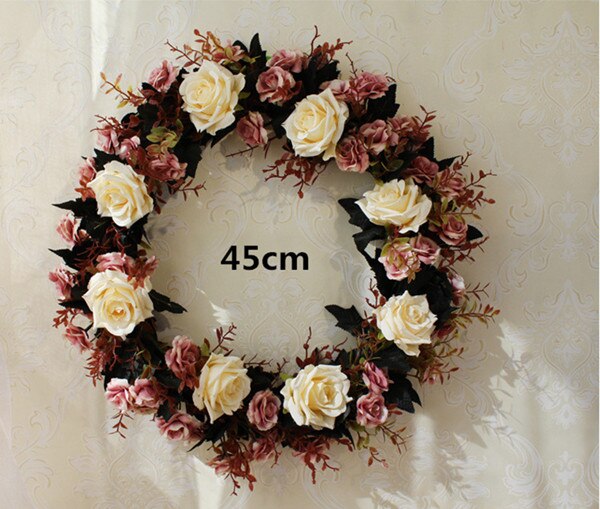 Kunstbloem Ronde krans rotan zijden bloem simulatie rose bloem plant wedding home muur deur decoratie party: coffee-45cm