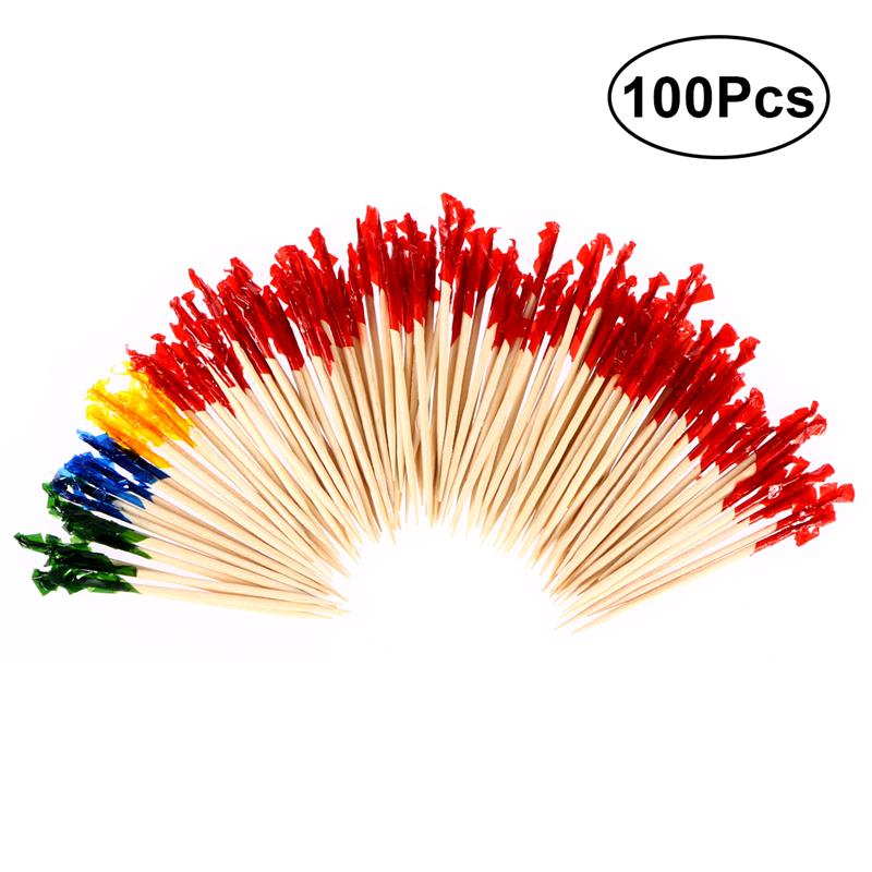 100pcs Bamboo Fruit Picks With Colorful Strip Flower Pick Cocktail Sticks Cocktail Pick Sandwich Fruit Toothpicks Random Color: Default Title