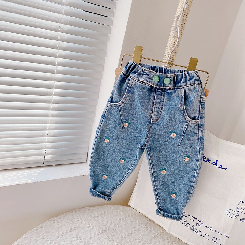 Pantalones vaqueros con bordado de flores para niña, pantalón vaquero para Bebé y Niño, primavera y otoño, 2022