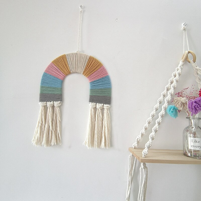 Nordic Style Rainbow Tapestry Macrame Wall Hanging Ornaments Handmade Wall Tapestry Nursery Kids Baby Crib Bedroom Decor