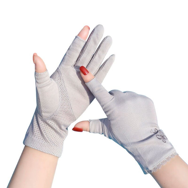 Zomerhandschoenen voor dames met zonbescherming, halfvingerige handschoenen van puur katoen, ademend, antislip, geschikt voor touchscreen, fietshandschoenen.