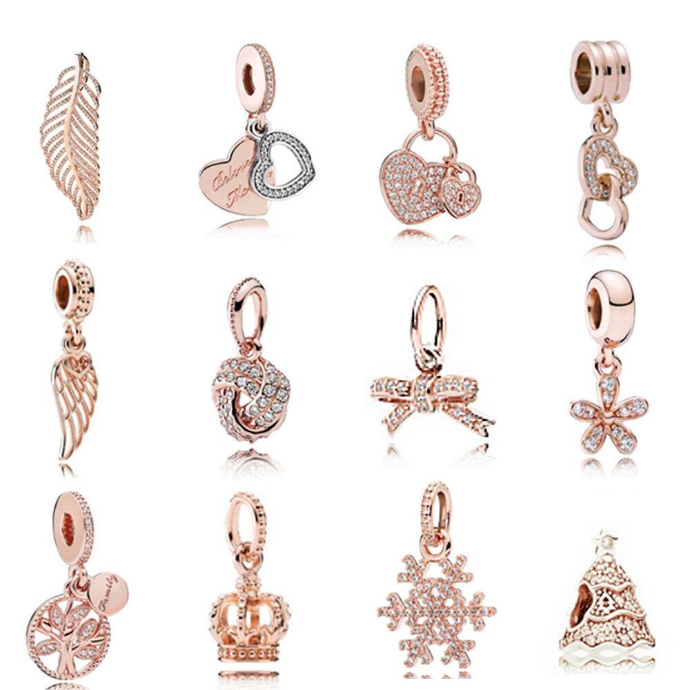100% S925 Sterling Silver Crown Heart Shape Bow Rose Gold Pendant Series Original Jewelry
