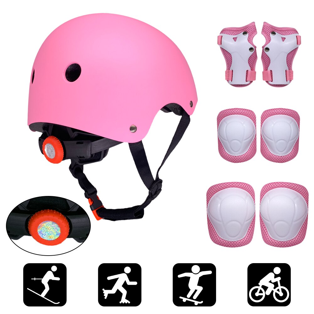 Barn 7 in 1 hjälm och kuddar set justerbara barn knäskydd armbågsskydd handledsskydd för skoter skateboard rullskridskoåkning cykling: Rosa