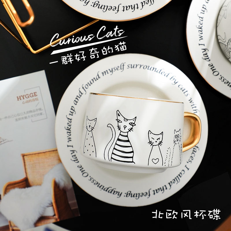 Tasse à café européenne et soucoupe ensemble dessin animé chat à la main porcelaine nordique Ins Simple noir blanc tasse à café le pichet