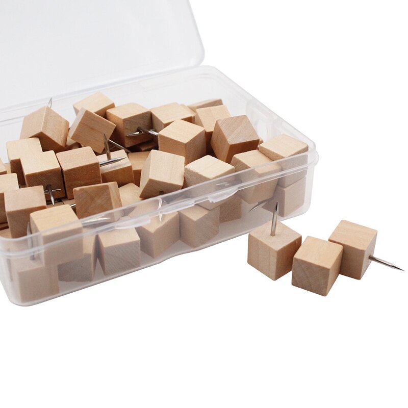 60pcs Square Wood Decorative Push Pins, Wood Head and Steel Needle Point Thumb Tacks for Photos, Maps and Cork Boards