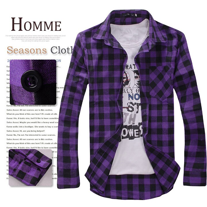 Heren geruit overhemd camisas heren geruit overhemd met lange mouwen heren casual overhemd: Paars / 45
