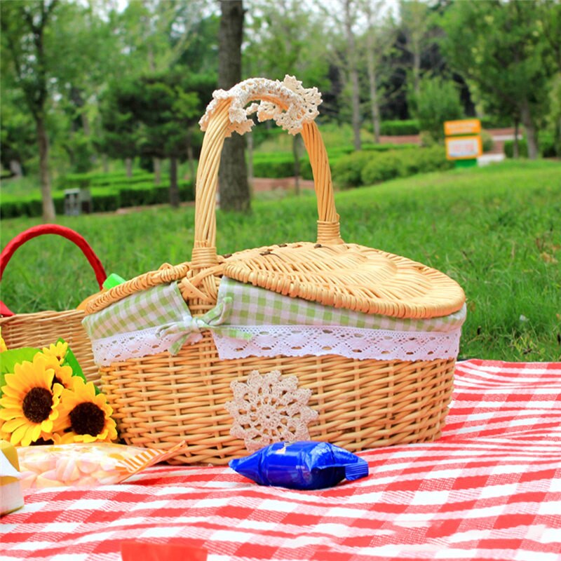 Kurvkurv pil picnic kurv hæmmer indkøbskurv taske med låg og håndtag og farverig liner udendørs camping picnic  u3: Grøn