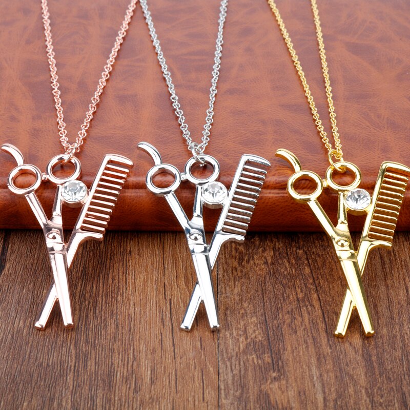 dongsheng Combs Scissors Pendant Rose Gold Scissors jewelry Cosmetologist hair Dresser Rhinestone Necklace Hairdresser