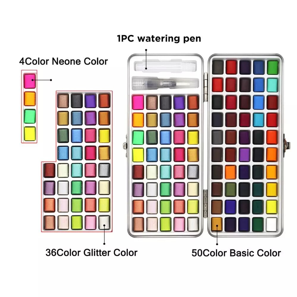 50/72/90 Kleur Solide Aquarel Set Draagbare Metalen Doos Basic Neone Glitter Parel Aquarel Verf Voor Tekenen art Verf Levert