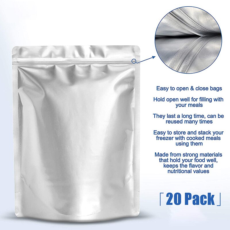 Sac en Mylar pour le stockage des aliments, 20 pièces, refermable, à fermeture éclair, pochette debout, économiseur de fraîcheur, organisateur de cuisine sans BPA