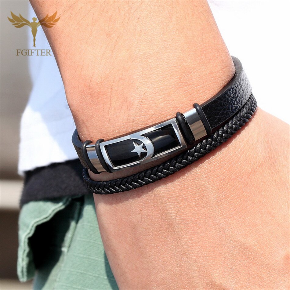 Islam Sieraden Turkije Moon Star Armband Geweven Lederen Armband Rvs Manchet Armband Mannen Religieuze Pols Sieraden