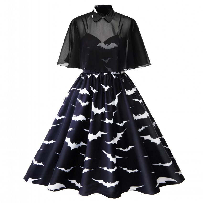 4xl 3xl plus size halloween flagermus print gotisk kjole kvinder punk festkjoler bowknot selv gotisk kjole tøj swing vestidos: Xxxl