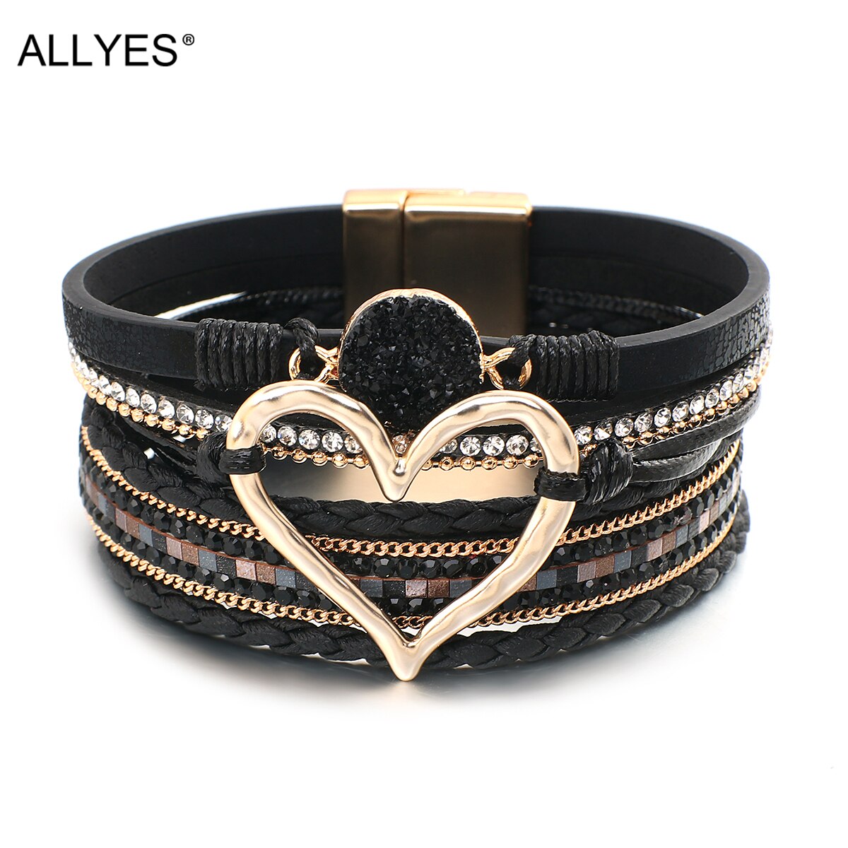 ALLYES braccialetti in pelle con ciondolo a forma di cuore in metallo per donna moda bohemien con strass in resina bracciale avvolgente bracciale coppia gioielli