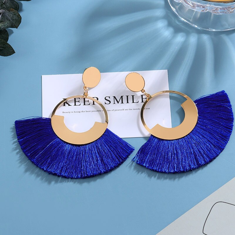 Bohemian Tassel Earrings for Women Cotton Silk Fabric Long Fringe Dangle Earrings Party Female Jewelry: Blue 5