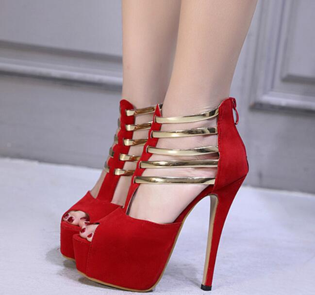 Shorha letnie damskie buty ryby usta hollow pasek kobiety sandały moda Chunky sandały damskie dla kobiety kostki pasek obuwie: Czerwony / 5.5