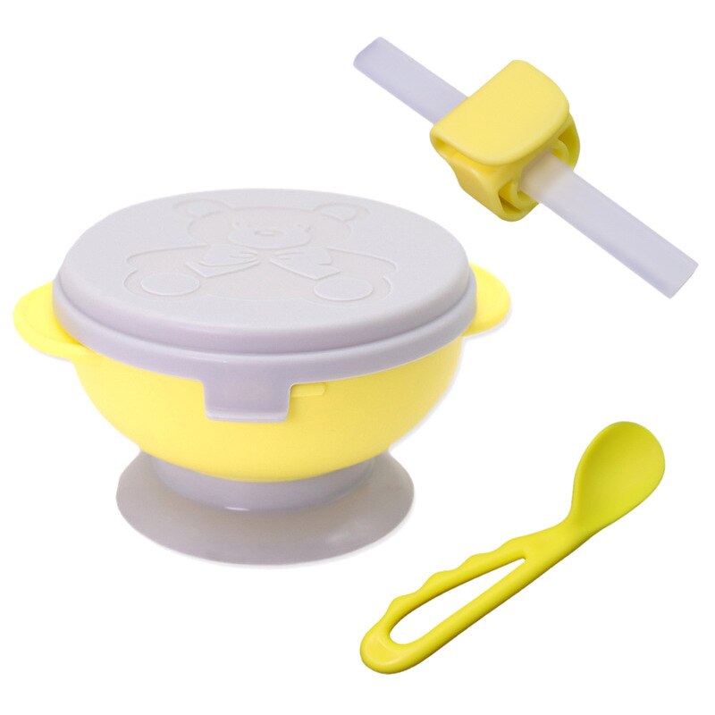 Tazón auxiliar de comida para bebé de dibujos animados, juego de ventosas anticaídas, hebilla de ventosa, tubo de succión, cuchara torcida, resistente a roturas