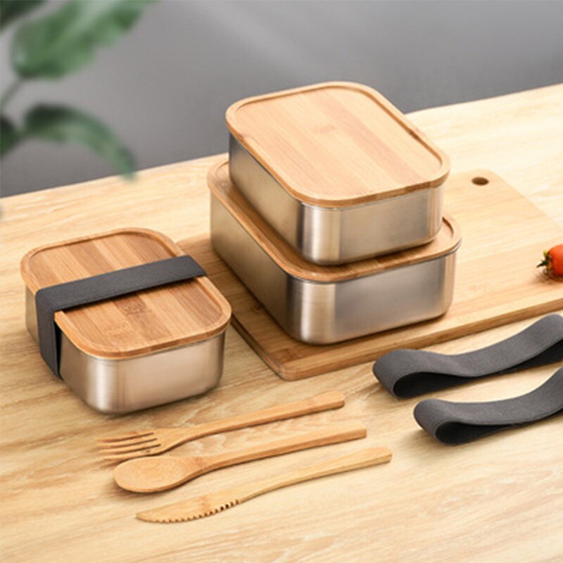 304 Stainless Steel Bamboo-wood Lid Lunch Box Packaged Food-grade Sushi Box Divided Grid Work Lunch Box Steamed Rice Seal Box