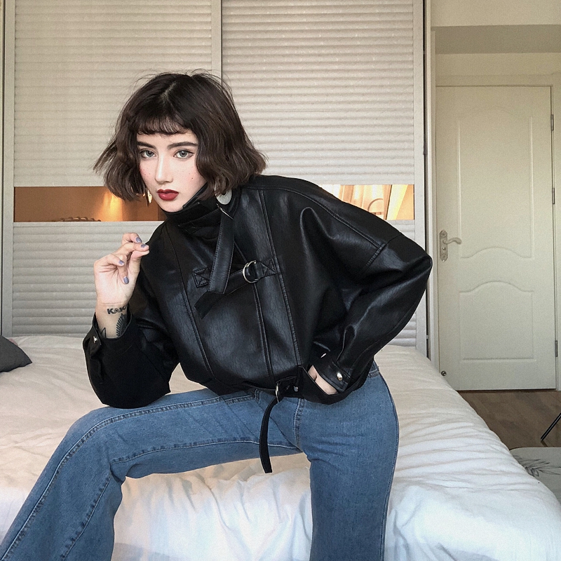 Oversize Women Faux Leather Jacket Batwing Sleeve Moto Biker Coat Short Zipper PU Black Jacket Spring Street Leather Coat PY102