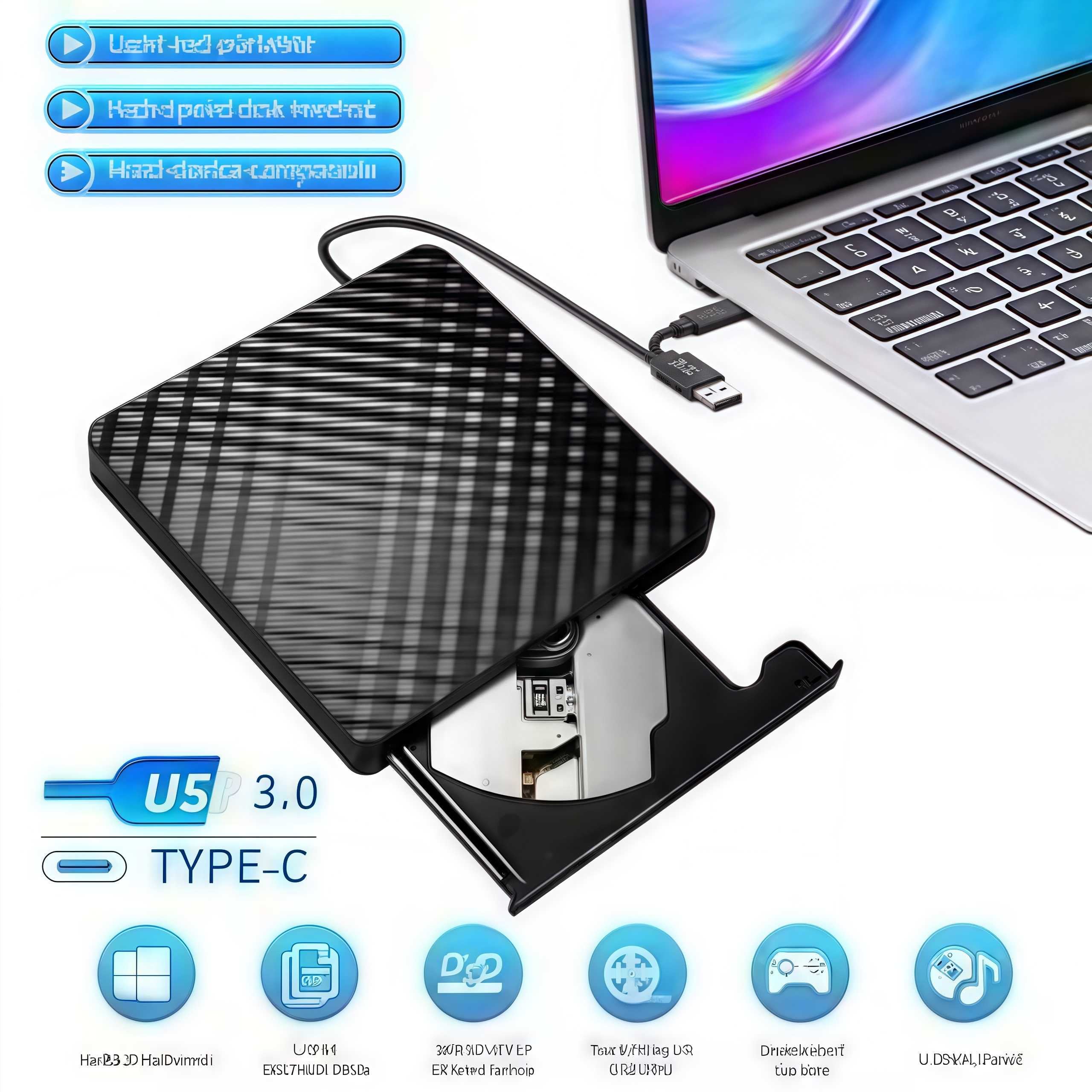 Portable USB-C DVD Drive: Ultra-Slim External CD/DVD Burner & Reader with High-Speed Writing and Playback, Plug-and-Play