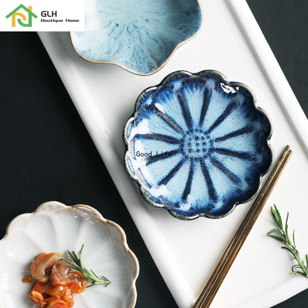 1pc små keramiske tallerkener porcelænsovn glaseret blomst form sauce fad japansk stil pickled dip serveringsfade