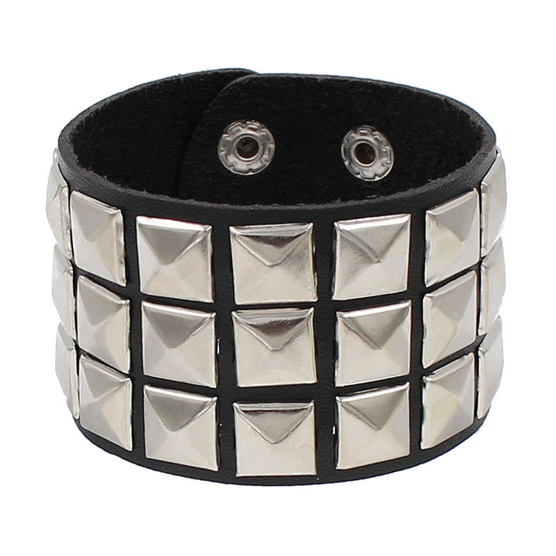 Punk Bracelet for Men Women Goth Black Leather Wristband with Metal Spike Studded Spike Rivets Cuff Bangle Adjustable: Rhodium Plated