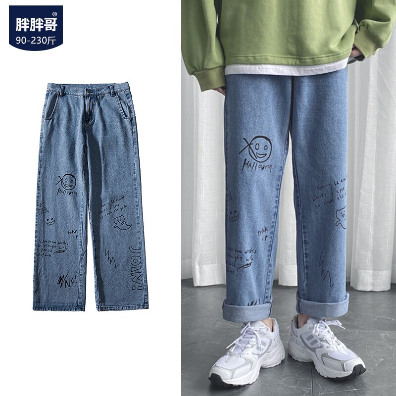 2022 Denim Jeans Men&#39;s Trendy Brand Loose Casual Ripped Hole All-match Nine Pants Youth Wide Leg Straight Pants