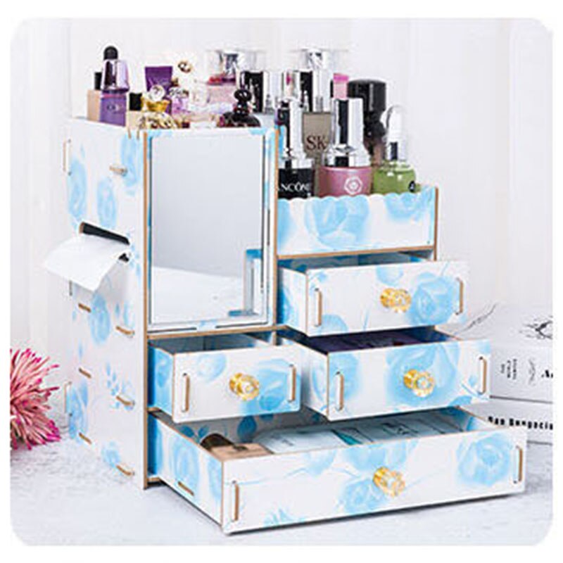 Organizador de maquillaje de madera con espejo, cajón de escritorio, organizador de cosméticos para mujer, tocador, lápiz labial, Perfume, caja de almacenamiento de joyería