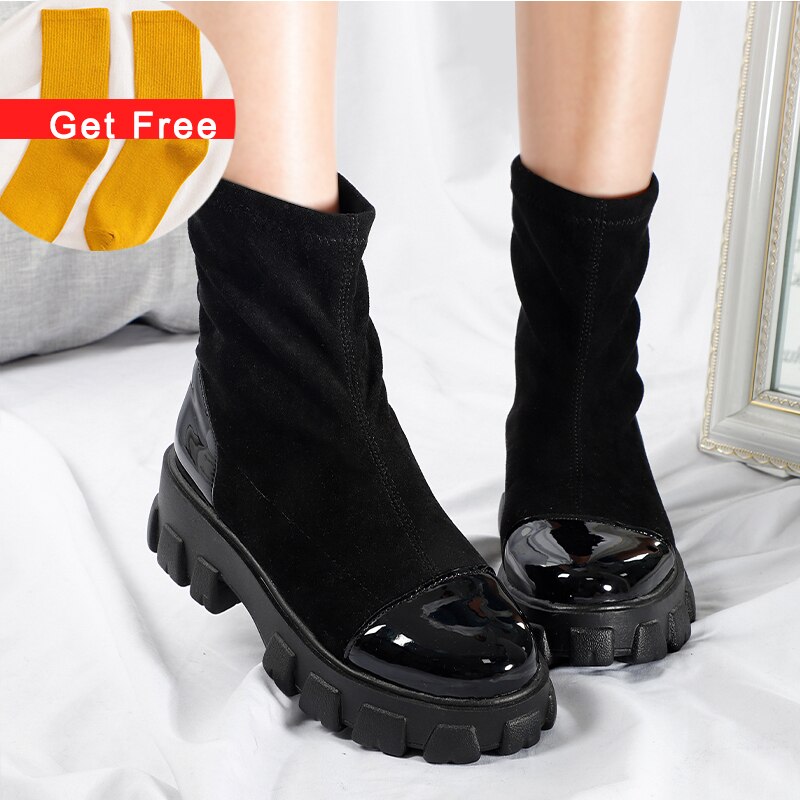 Vrouwen Sok Laarzen Pu Lederen Dames Platform Enkellaars Vrouwelijke Slip Op Flock Ronde Neus Schoenen Kantoor Voor Vrouw Botas mujer Mode: Black / 8.5