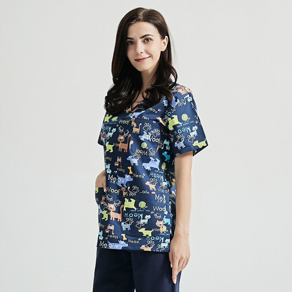 Health service desigh women suits V-neck Beautician workwear dog print scrub tops Short Sleeved pet store work clothing