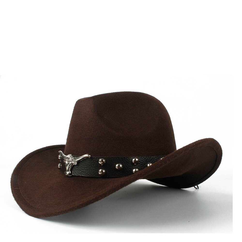 Women Men Wool Hollow Western Cowboy Hat With Tauren Belt Outback Jazz Toca Sombrero Cap Size 56-58CM: Coffee
