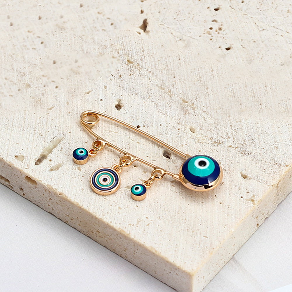 Lucky Eye Oil Blue Turkish Evil Eye Safety Pin Fatima Hamsa Hand Round Charm Brooch Pin for Women Men Jewelry