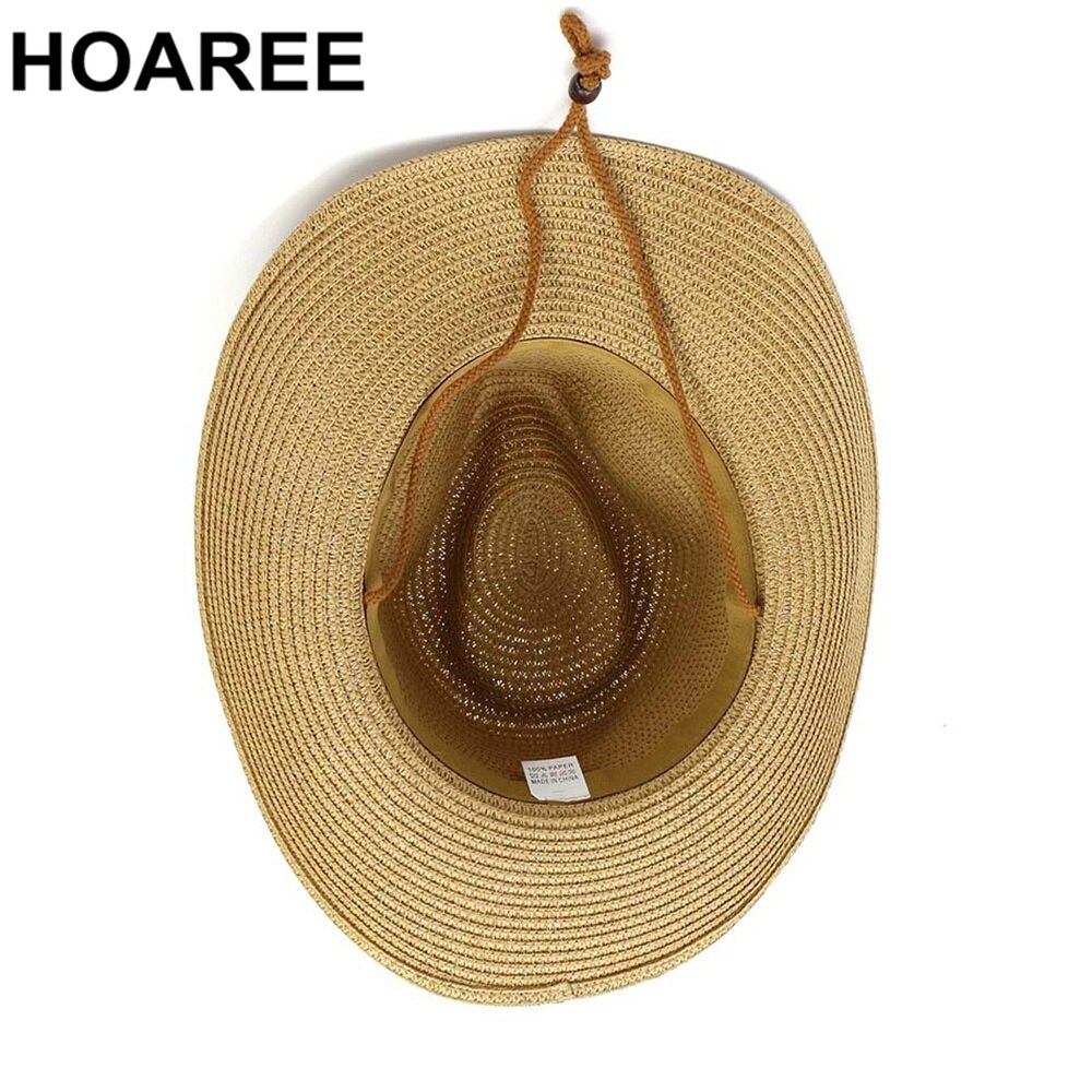 HOAREE, sombrero de vaquero de verano para hombre, sombrero de paja azul marino para el sol con cinturón, sombrero ancho Vintage para mujer, gorros de vaquera para decoración de playa, sombreros UV