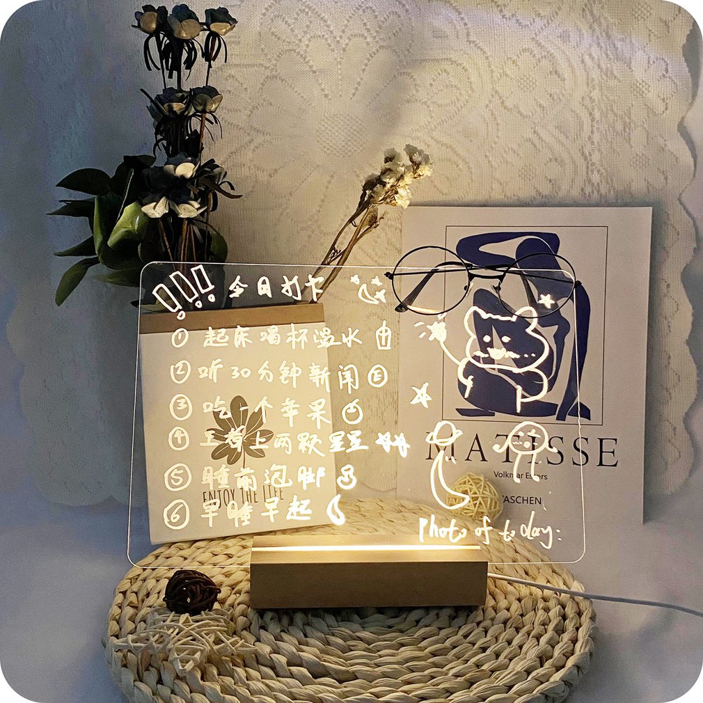 Clear Writing Board Acrylic Message Board With Triangle Base Luminous Base Erasable White Pen Decoration