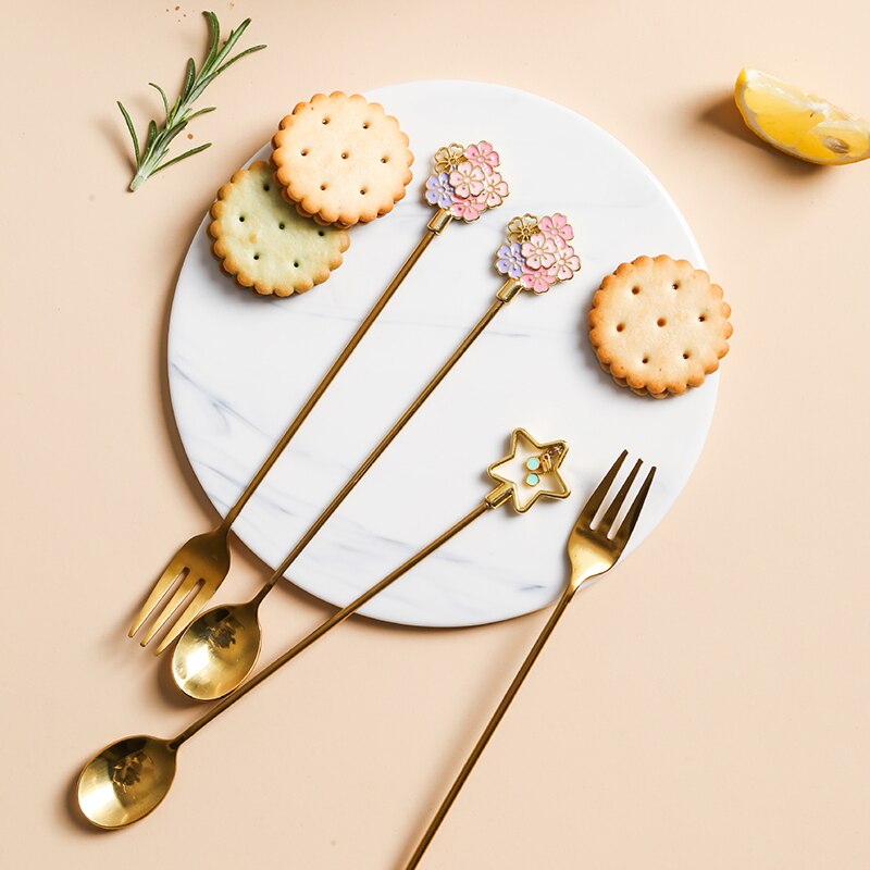 Japanese Sakura Coffee Spoon Cute Stainless Steel Spoon Fork Coffee Spoon Long Handle Stirring Dessert Fork Spoon