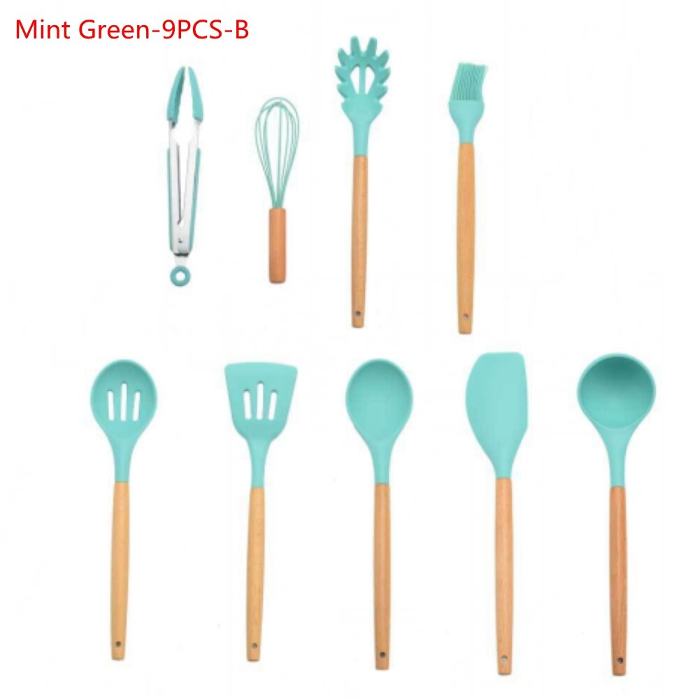 9/11Pcs Silicone Cooking Utensils Set Non-stick Spatula Shovel Wooden Handle Cooking Tools Set Kitchen Tools: 9Pcs-B Mint Green