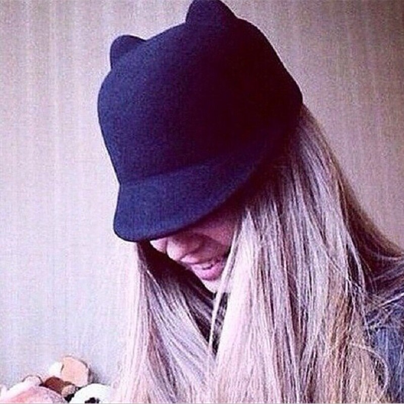 Gorro redondo cálido de lana con orejas de gato para niña y mujer, gorro de lana con orejas de gato, sombrero de Diablo, sombrero de fieltro Retro, Derby Bowler Horse, sombreros de ,