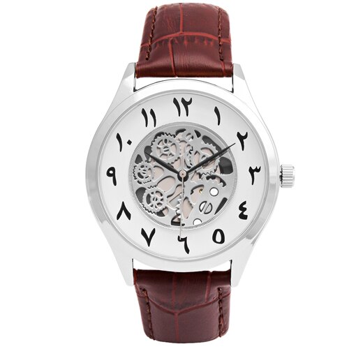 Montres arabes pour hommes, montre arabe en cuir, pour hommes: silver brown