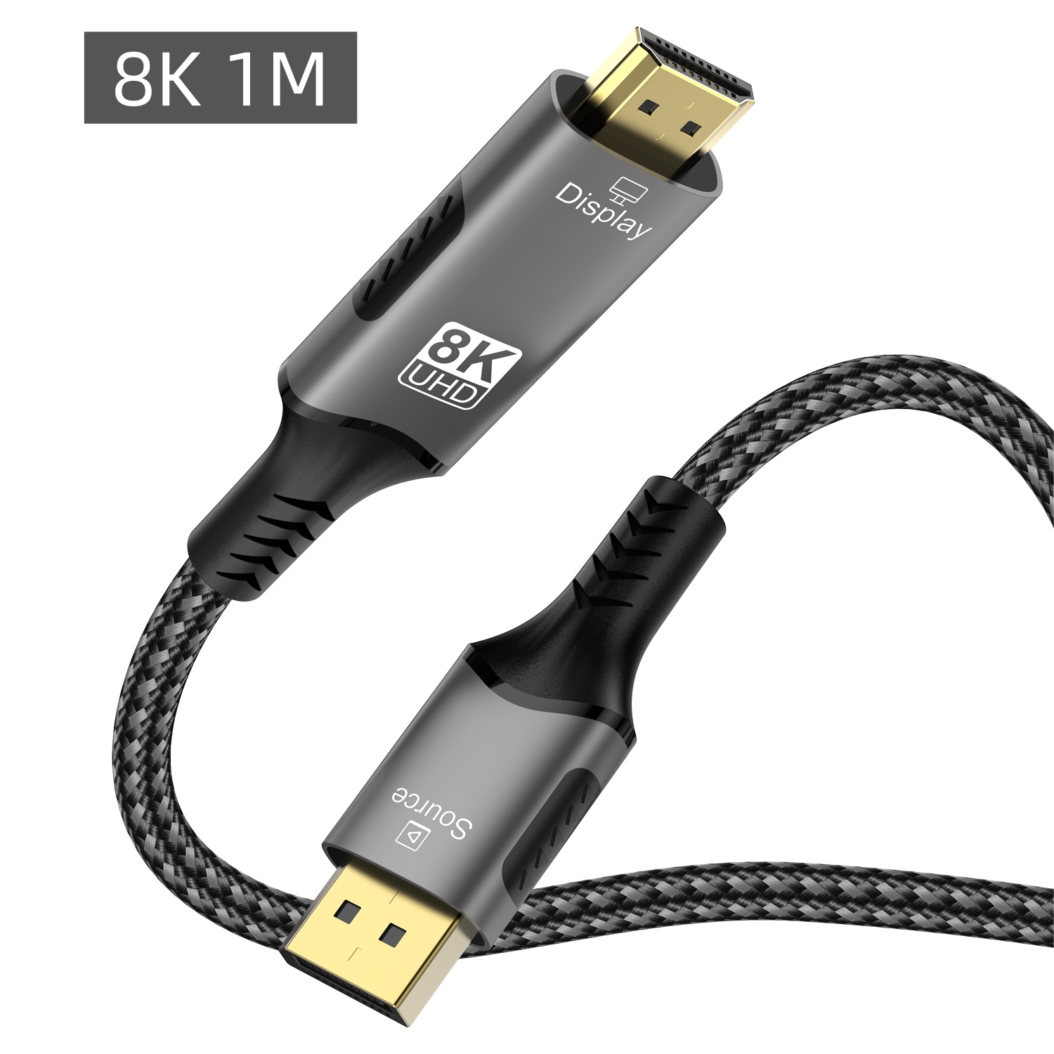 DisplayPort 1.4 to HDMI 2.1 Braided Cord 8K Cable Video Adapter [8K@60Hz,4K@120Hz] Directional DP Source to HDMI Display: black