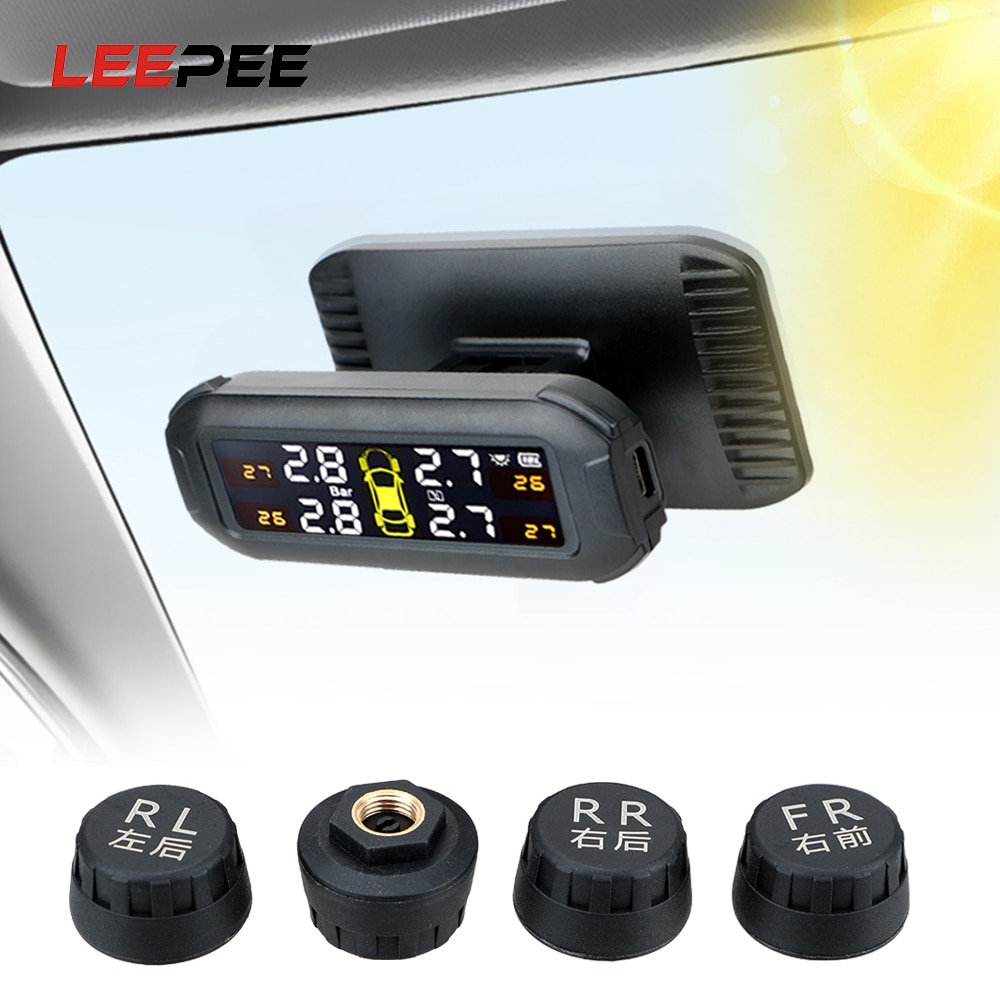 Solar TPMS Car Tyre Pressure Monitor Tire Pressure Monitoring System Temperature Warning Fuel Save With 4 External Sensors