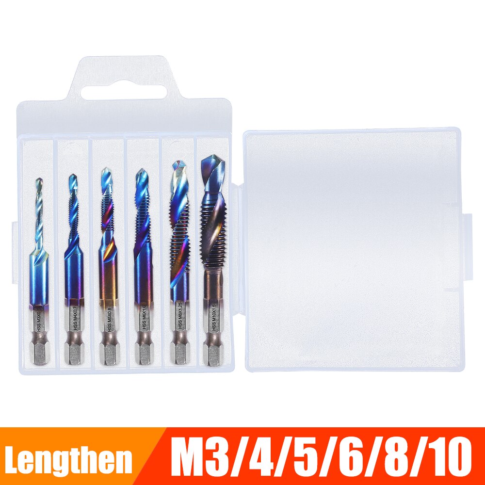 Metric Thread Tap Drill Bits Set Hex Shank HSS Titanium Plated Screw Thread Combination Drill Tap M3 M4 M5 M6 M8 M10 Hand Tools: 6 Pcs Blue Lengthen
